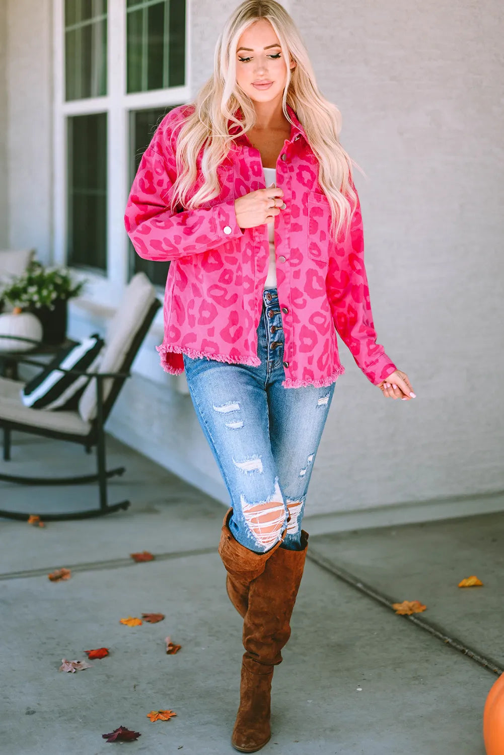 Vibrant Pink Leopard Print Lightweight Jean Jacket with Raw Hem