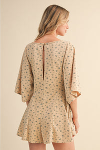 Beige Floral (85% Cotton) Flowy Shorts Romper w/Pockets