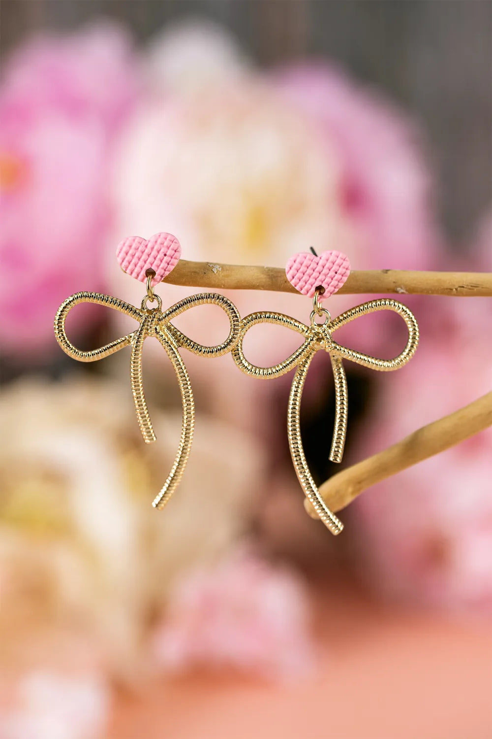 Lightweight Textured Trendy Bow Earrings with Waffled Pink Heart - Yellow Gold Plated