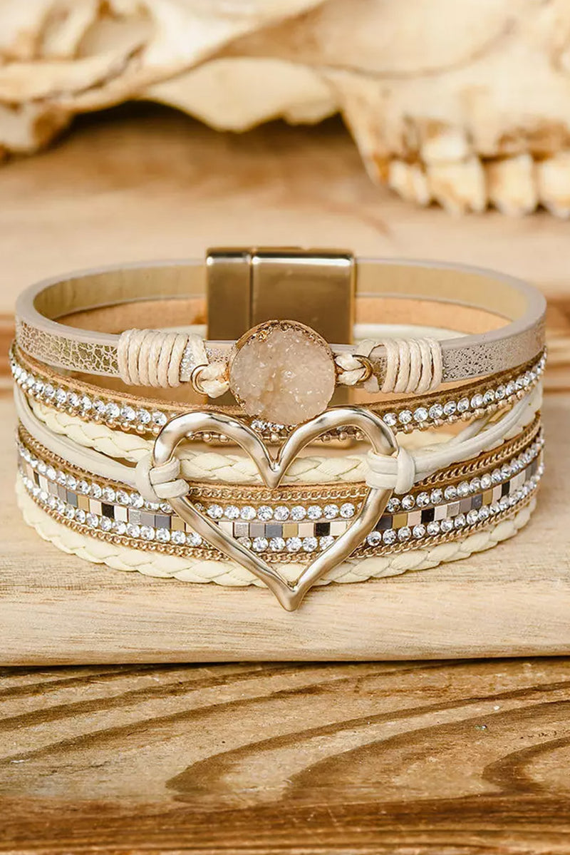 Beige Heart Rhinestone Layered Buckle Bracelet