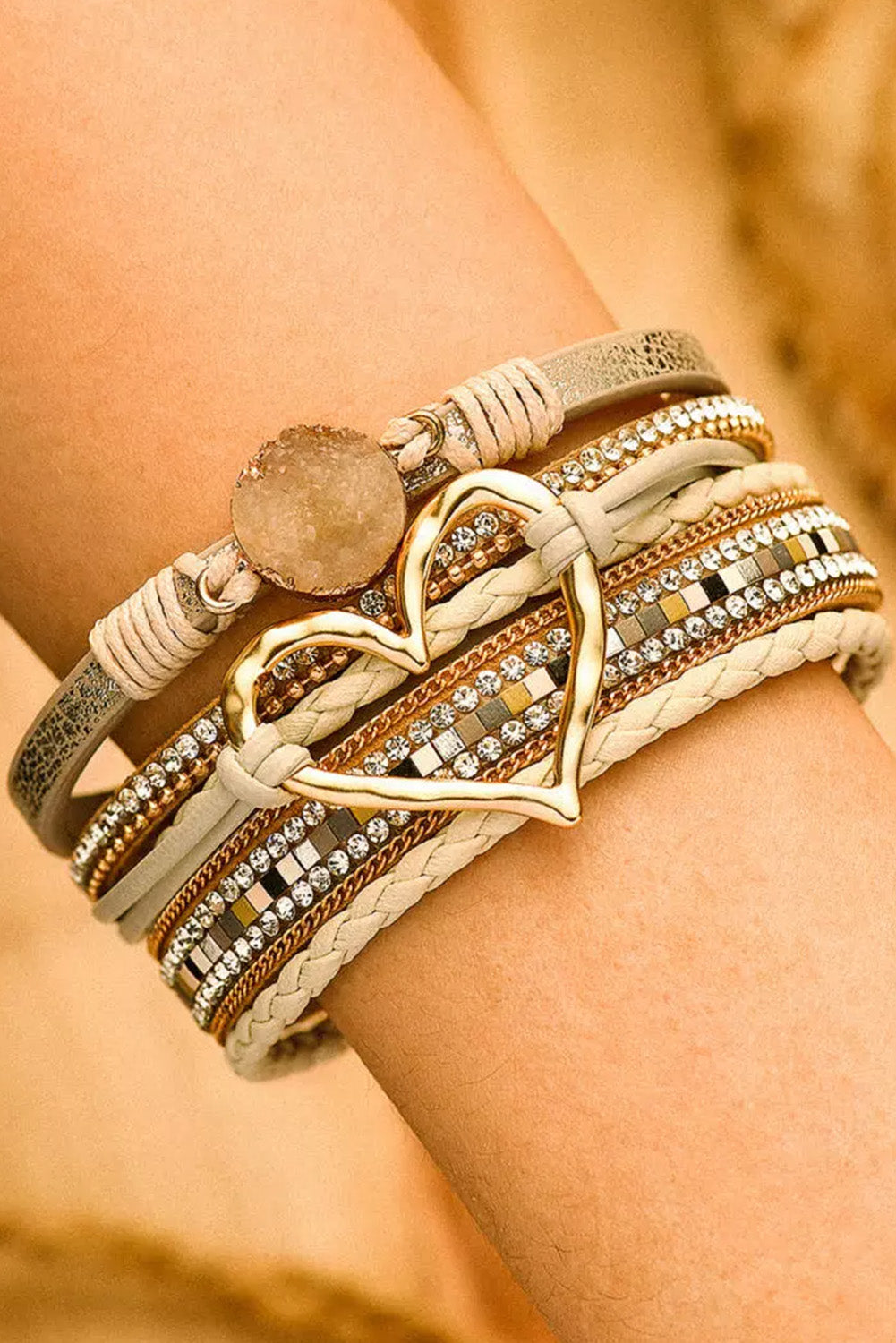 Beige Heart Rhinestone Layered Buckle Bracelet