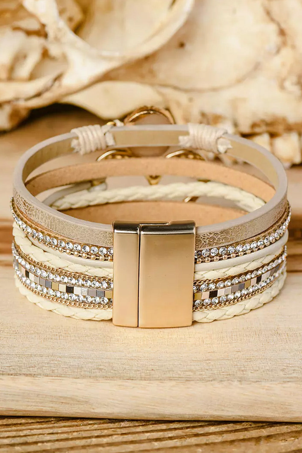 Beige Heart Rhinestone Layered Buckle Bracelet