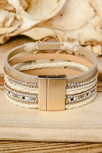 Beige Heart Rhinestone Layered Buckle Bracelet