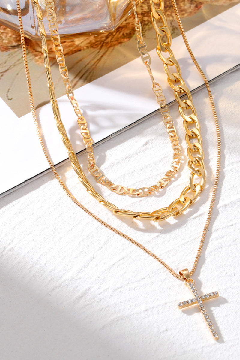 Multi-Layer (Faux Gold) Chain with Cross Pendant Necklace