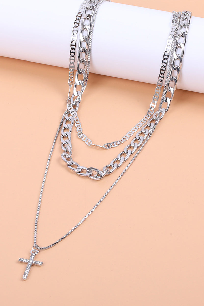 Multi-Layer (Faux Silver) Chain with Cross Pendant Necklace