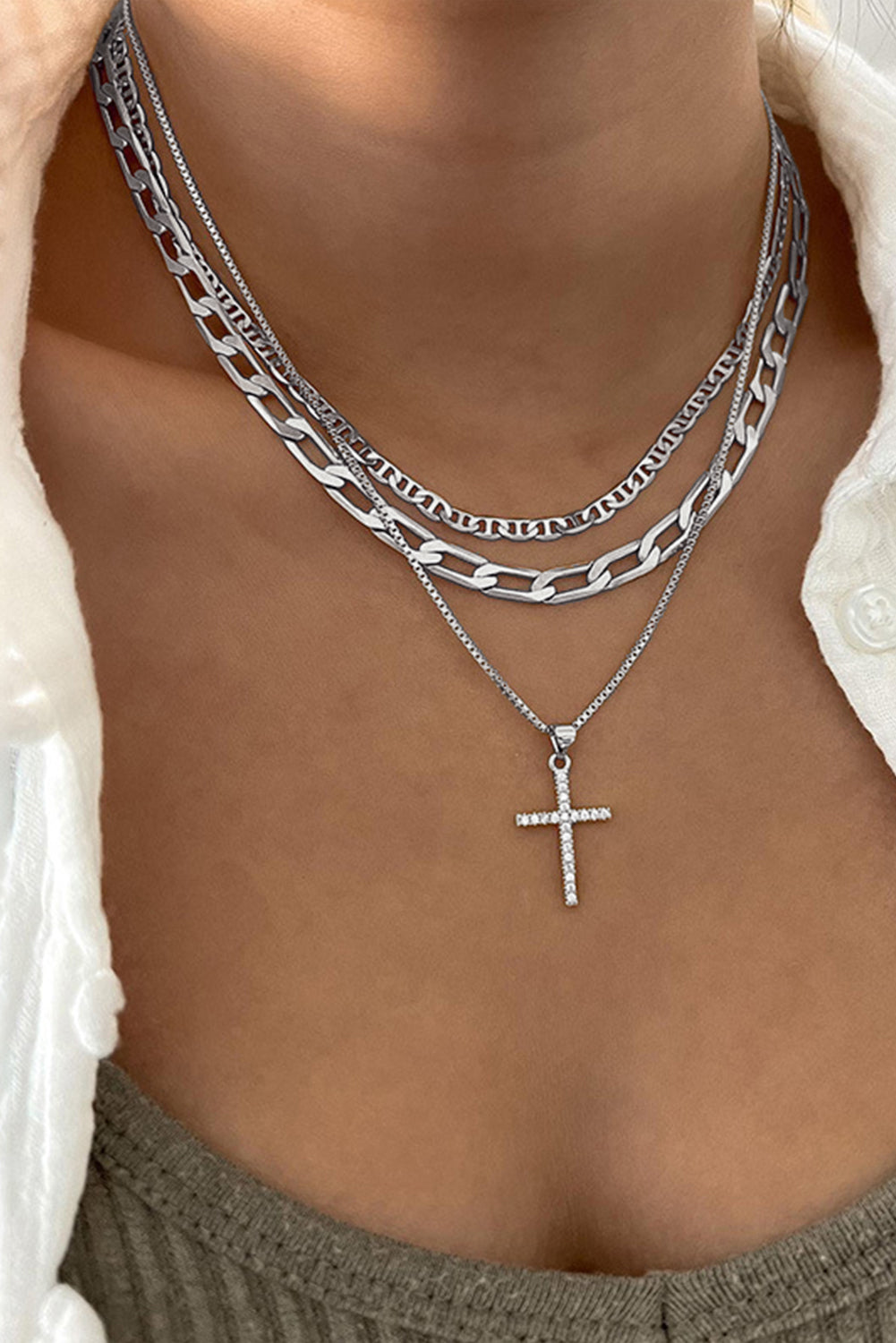 Multi-Layer (Faux Silver) Chain with Cross Pendant Necklace