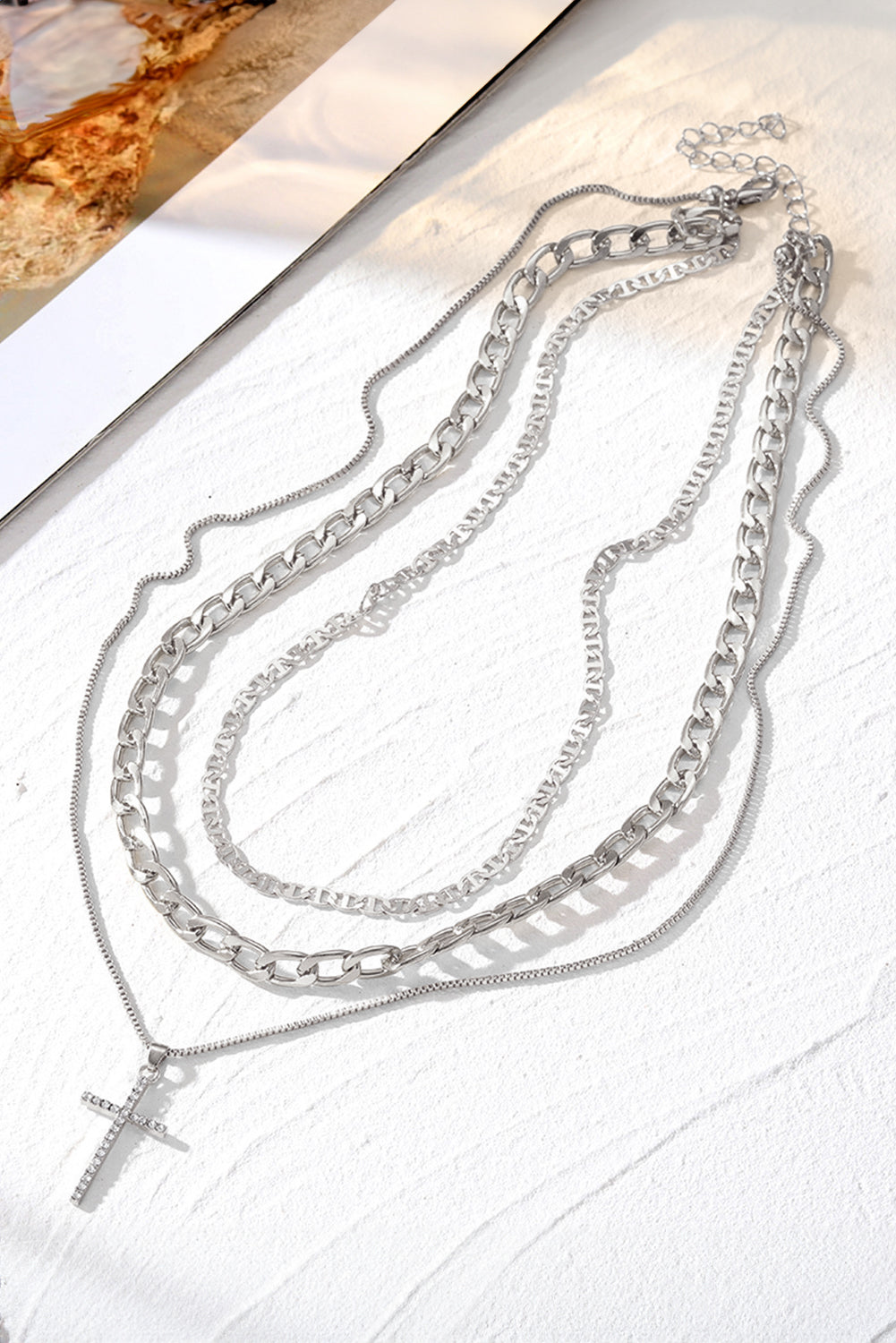 Multi-Layer (Faux Silver) Chain with Cross Pendant Necklace