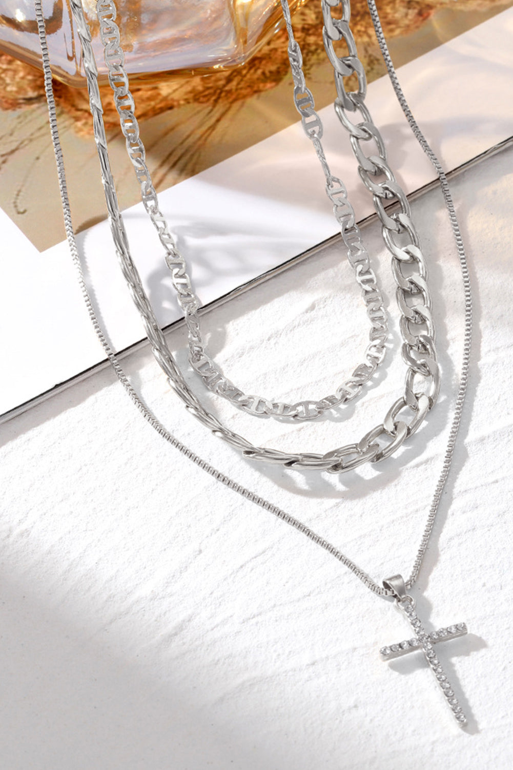 Multi-Layer (Faux Silver) Chain with Cross Pendant Necklace