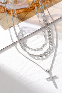 Multi-Layer (Faux Silver) Chain with Cross Pendant Necklace