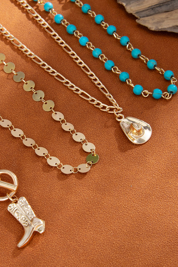 Gold-Plated Cowgirl Fashion Turquois Beaded Necklace Set