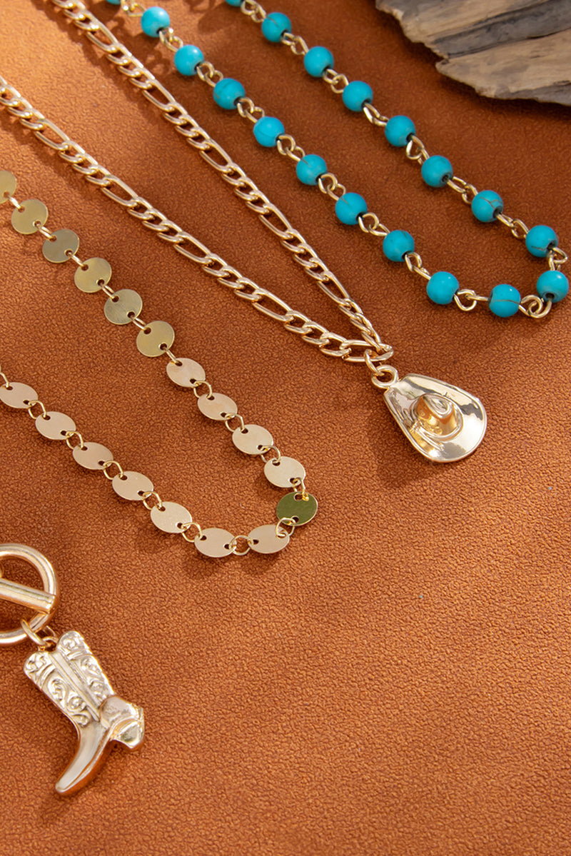 Gold-Plated Cowgirl Fashion Turquois Beaded Necklace Set