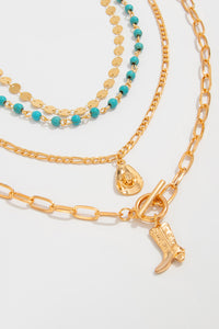 Gold-Plated Cowgirl Fashion Turquois Beaded Necklace Set