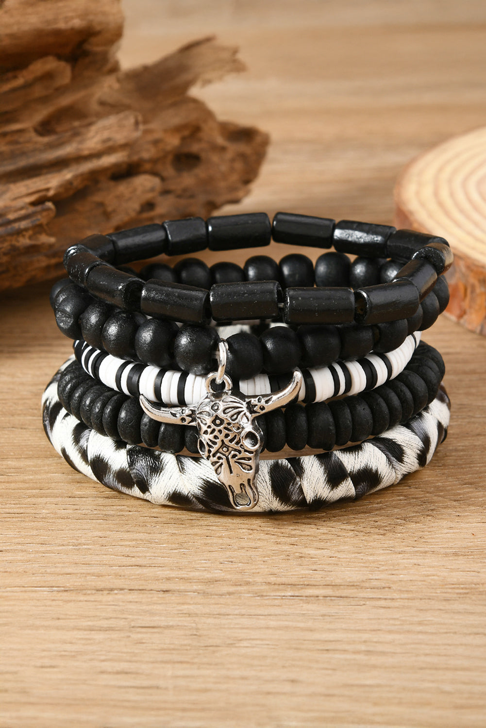 5 pc Black Western Skull-Head Charm Bracelet Set