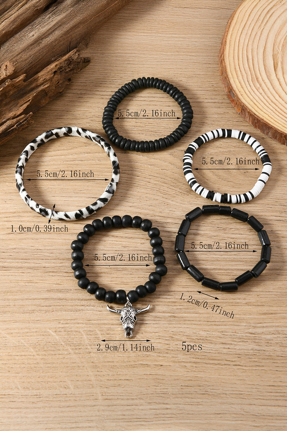 5 pc Black Western Skull-Head Charm Bracelet Set