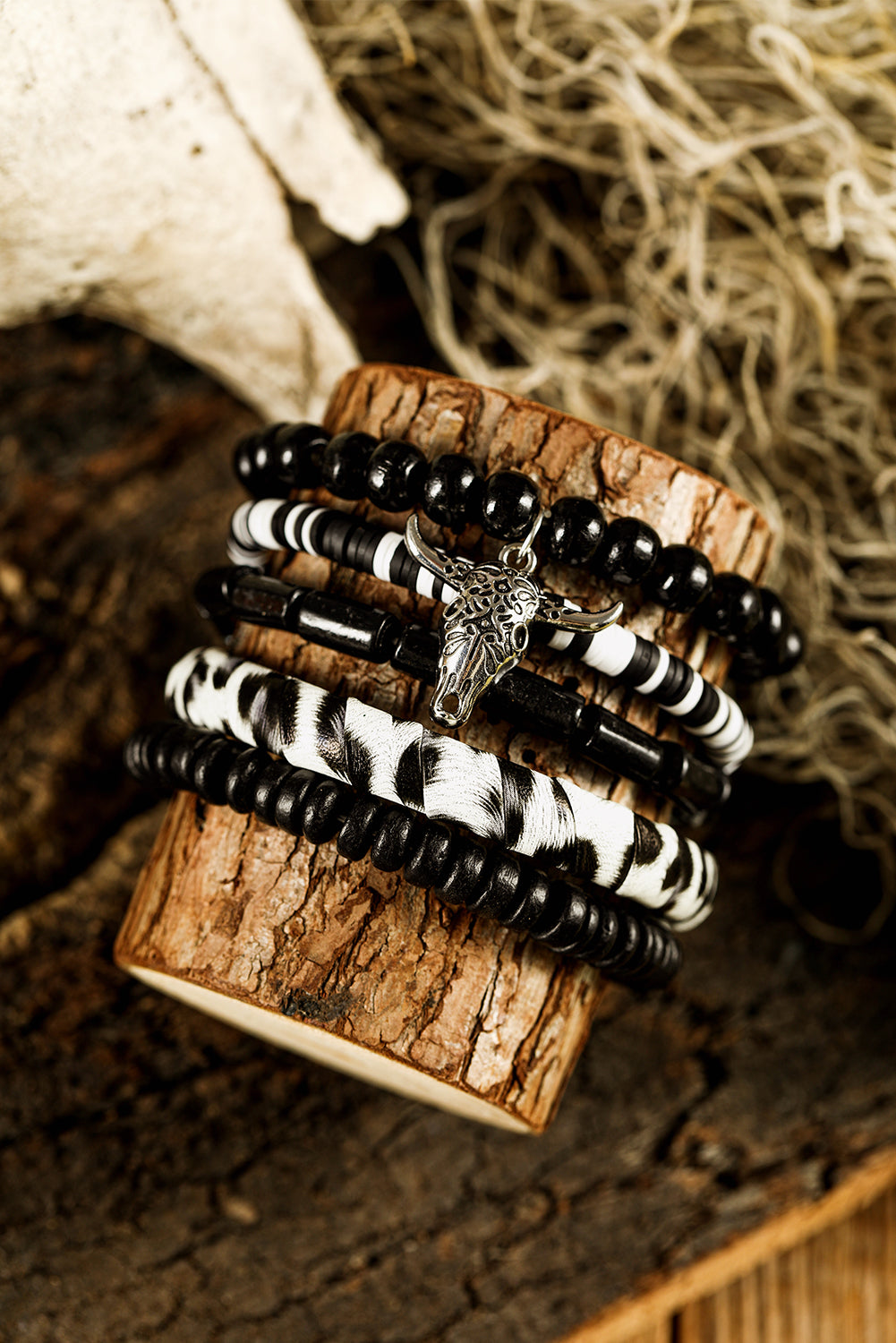 5 pc Black Western Skull-Head Charm Bracelet Set