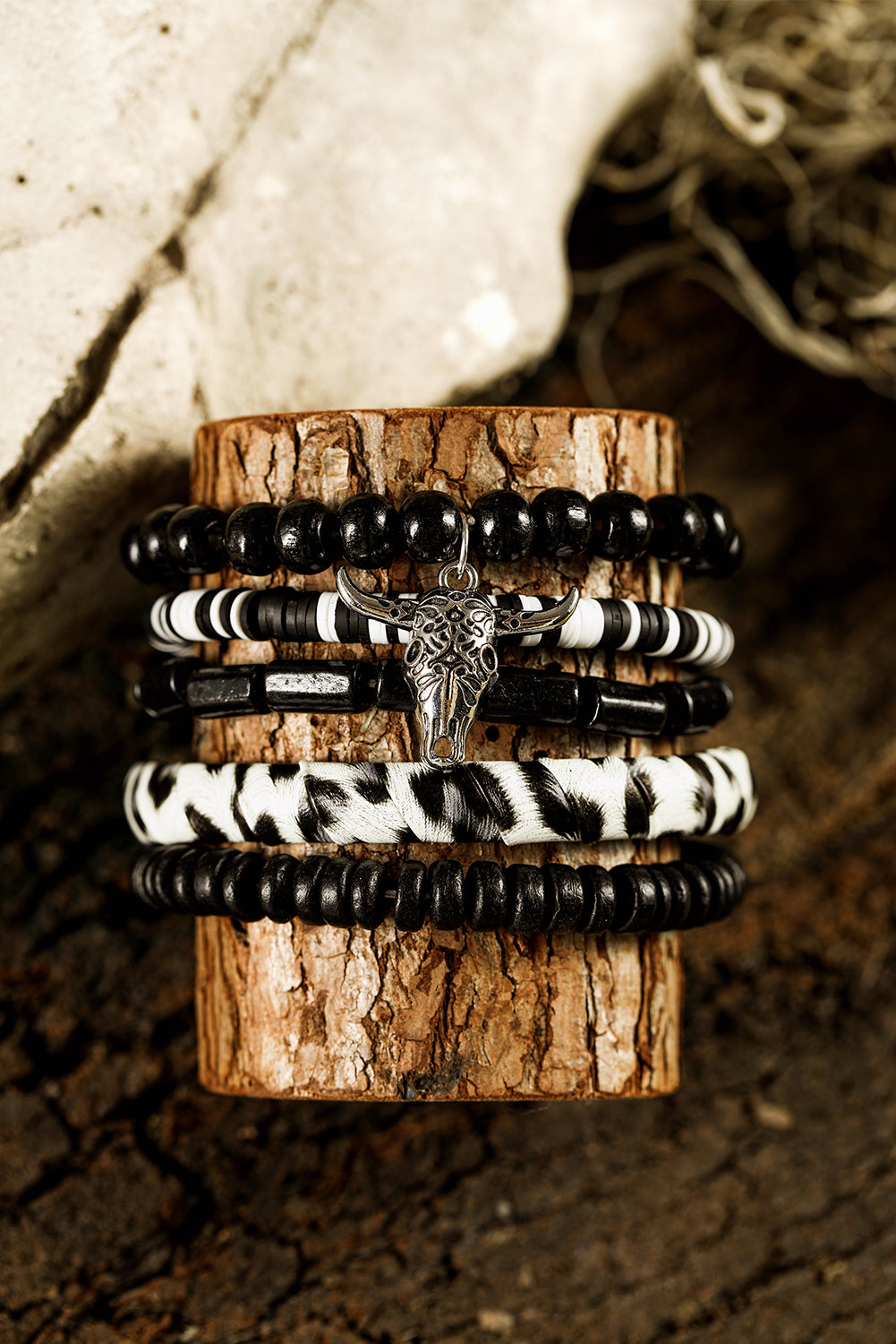 5 pc Black Western Skull-Head Charm Bracelet Set