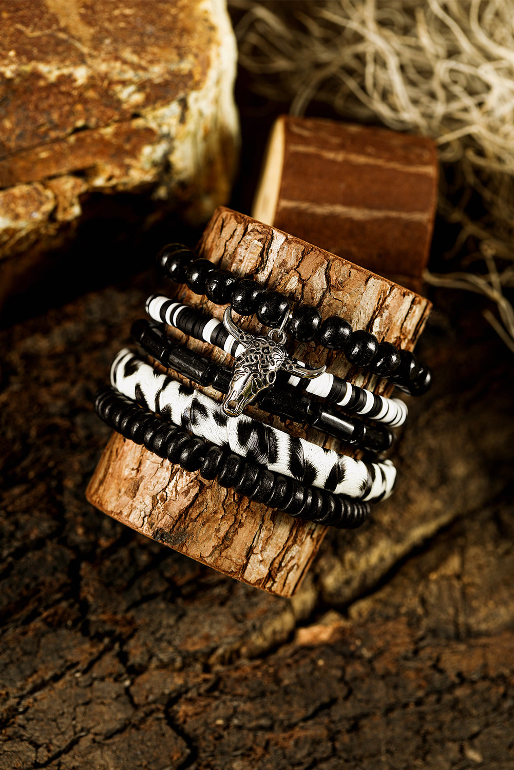 5 pc Black Western Skull-Head Charm Bracelet Set