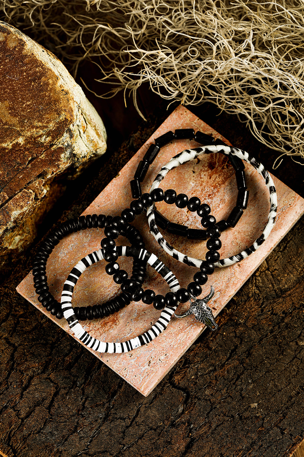 5 pc Black Western Skull-Head Charm Bracelet Set