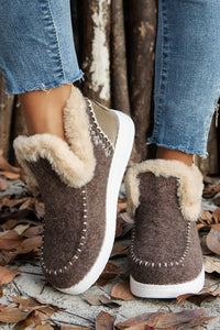 Dark Brown Patchwork Plush-Lined Slip-On Anklet Shoes