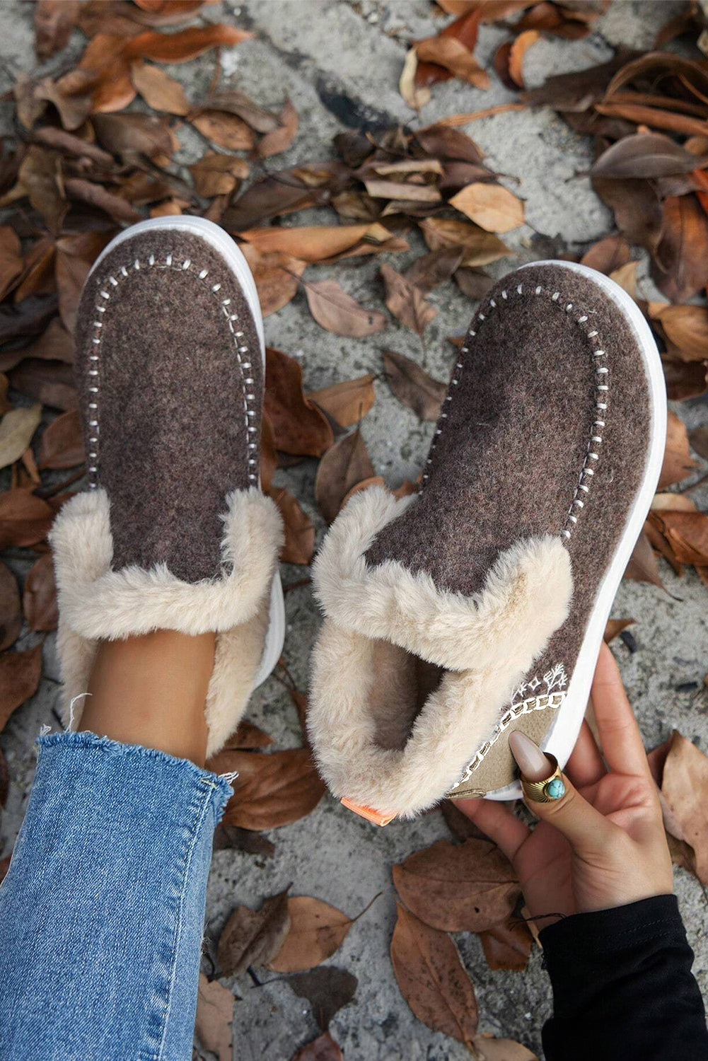 Dark Brown Patchwork Plush-Lined Slip-On Anklet Shoes