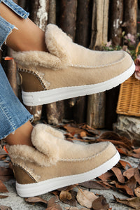Light Brown Patchwork Plush-Lined Slip-On Anklet Shoes