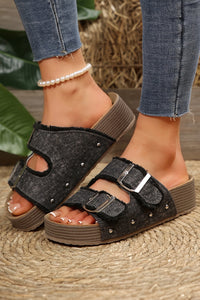Black & Charcoal Frayed Slip-On Sandals with Buckles