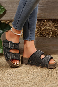 Black & Charcoal Frayed Slip-On Sandals with Buckles