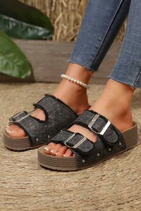 Black & Charcoal Frayed Slip-On Sandals with Buckles