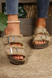 Light Brown Frayed Slip-On Sandals with Buckles