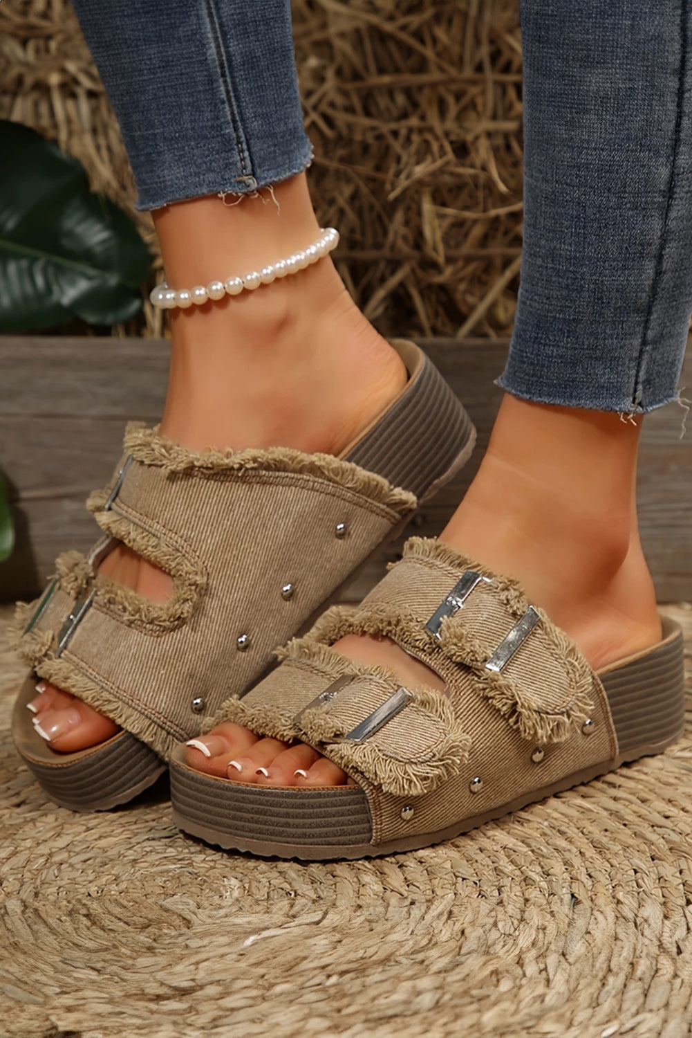 Light Brown Frayed Slip-On Sandals with Buckles