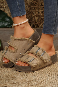 Light Brown Frayed Slip-On Sandals with Buckles
