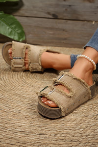 Light Brown Frayed Slip-On Sandals with Buckles