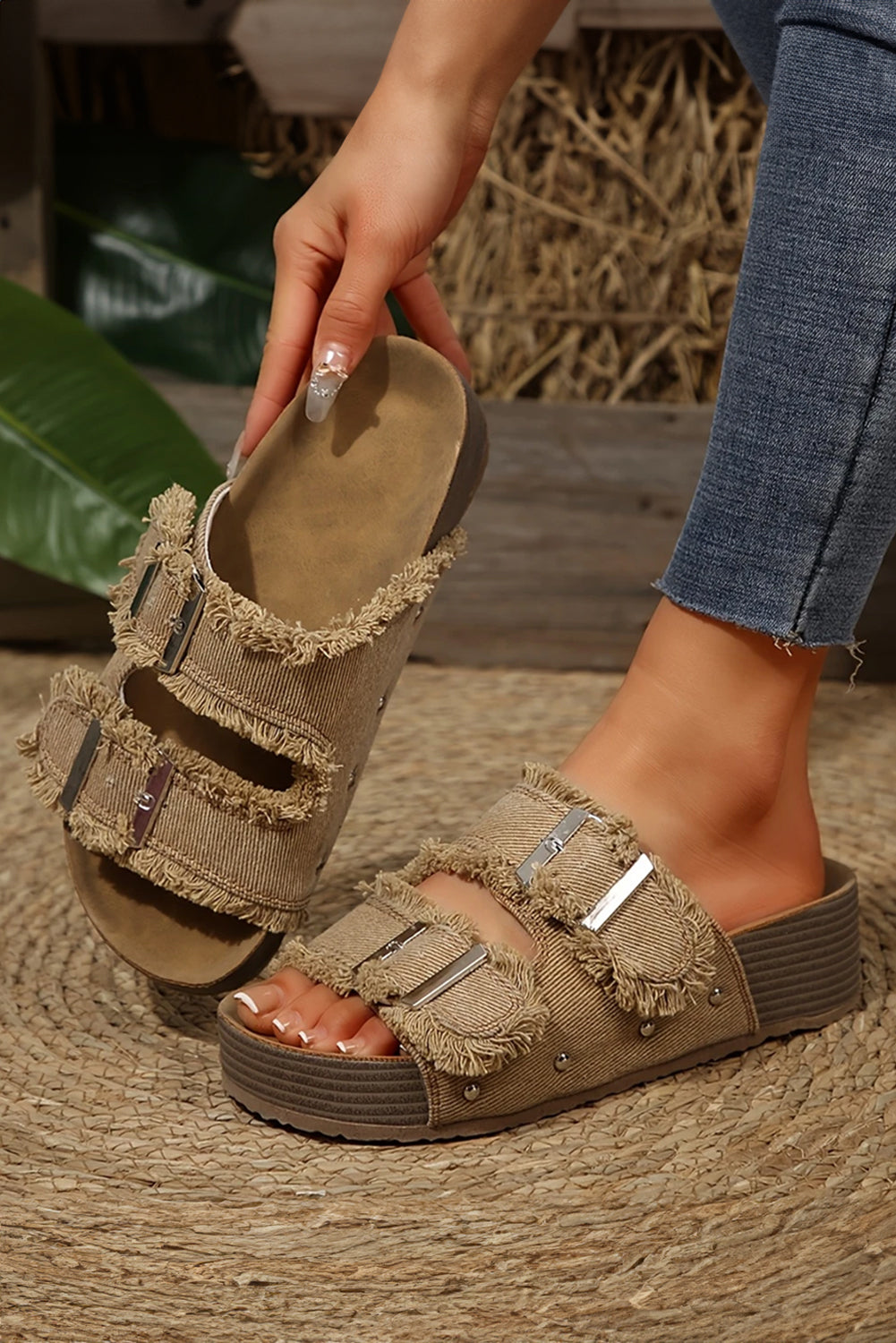 Light Brown Frayed Slip-On Sandals with Buckles