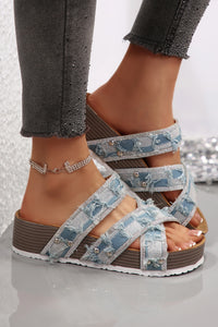 Blue Distressed Checkered Faux Rhinestone Sandals