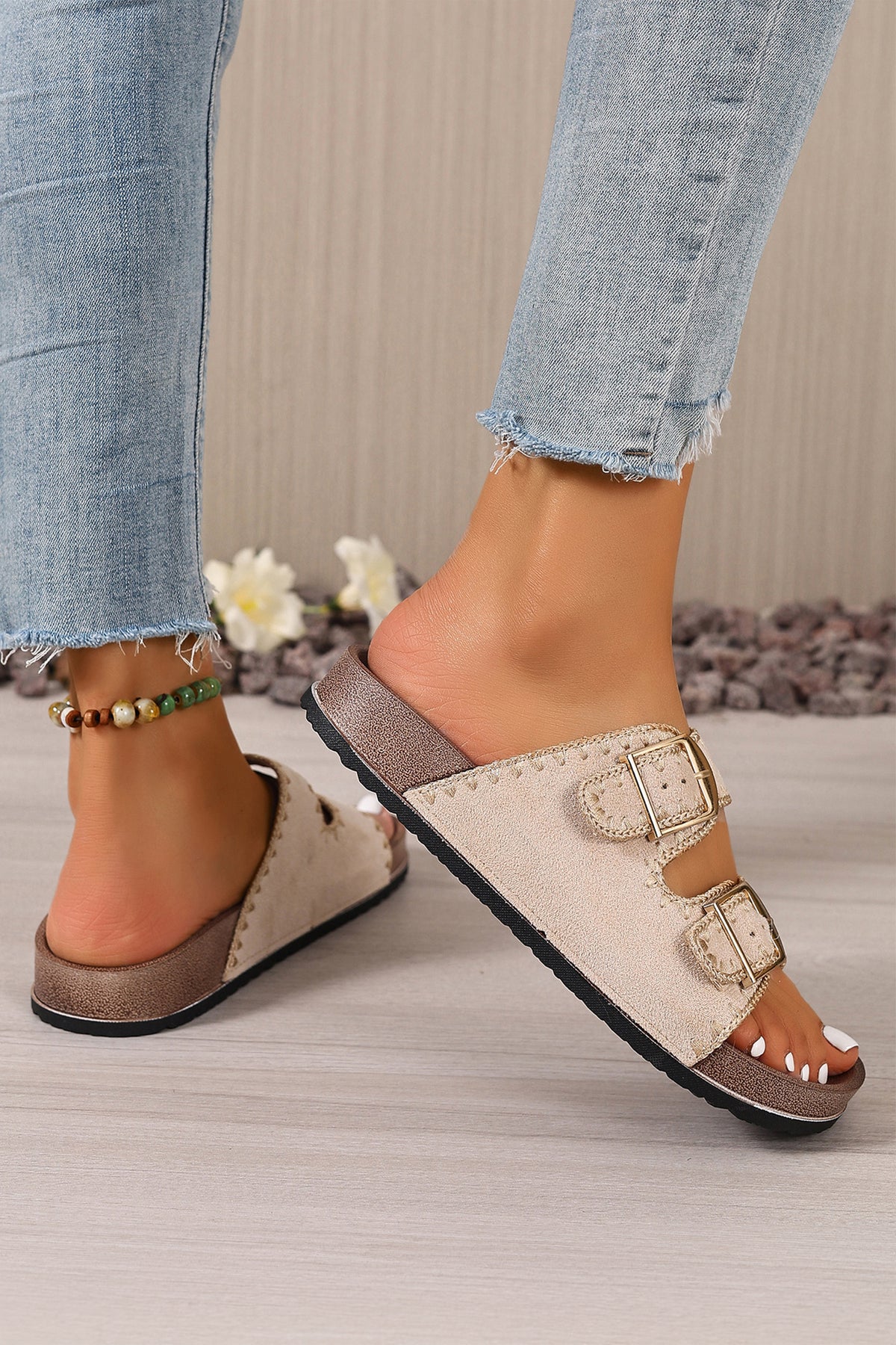 Tan Slip-On Sandals with Buckles