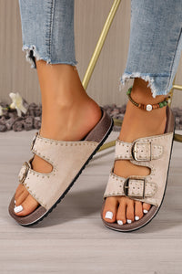 Tan Slip-On Sandals with Buckles