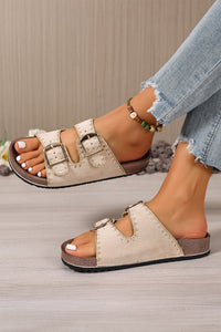 Tan Slip-On Sandals with Buckles