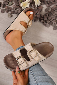 Tan Slip-On Sandals with Buckles