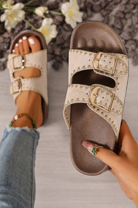 Tan Slip-On Sandals with Buckles