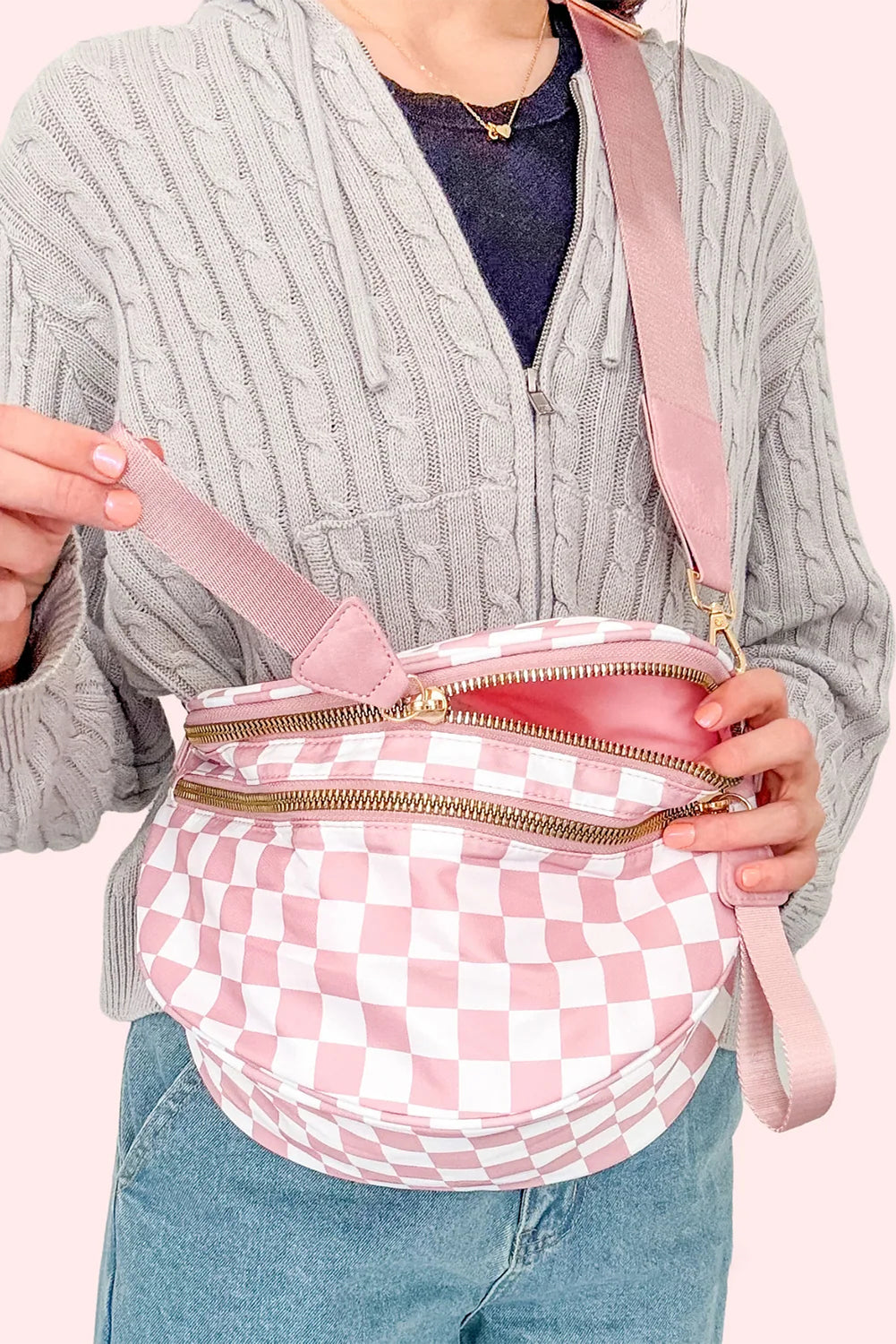 Checkered (Light Pink & White) Wide Strap Large Crossbody Bag
