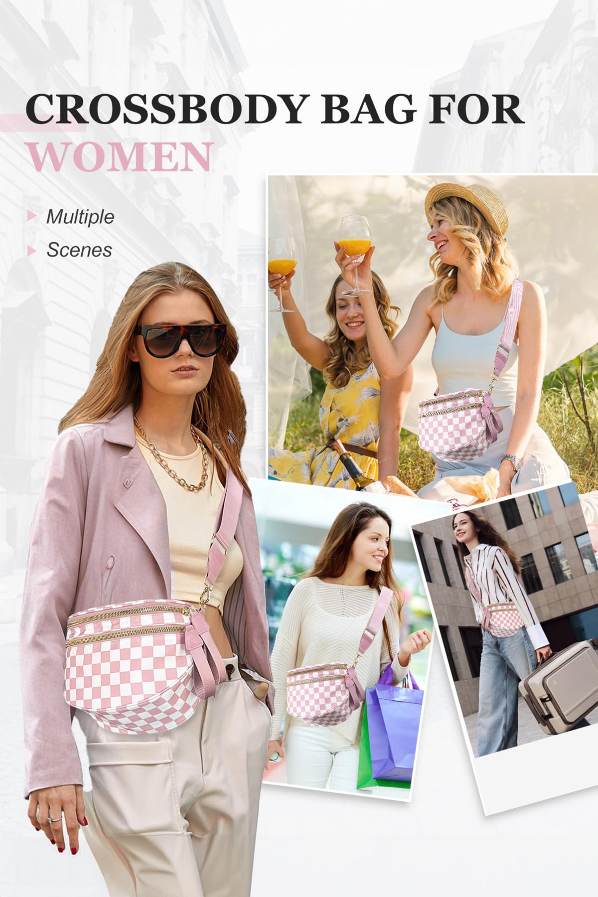 Checkered (Light Pink & White) Wide Strap Large Crossbody Bag