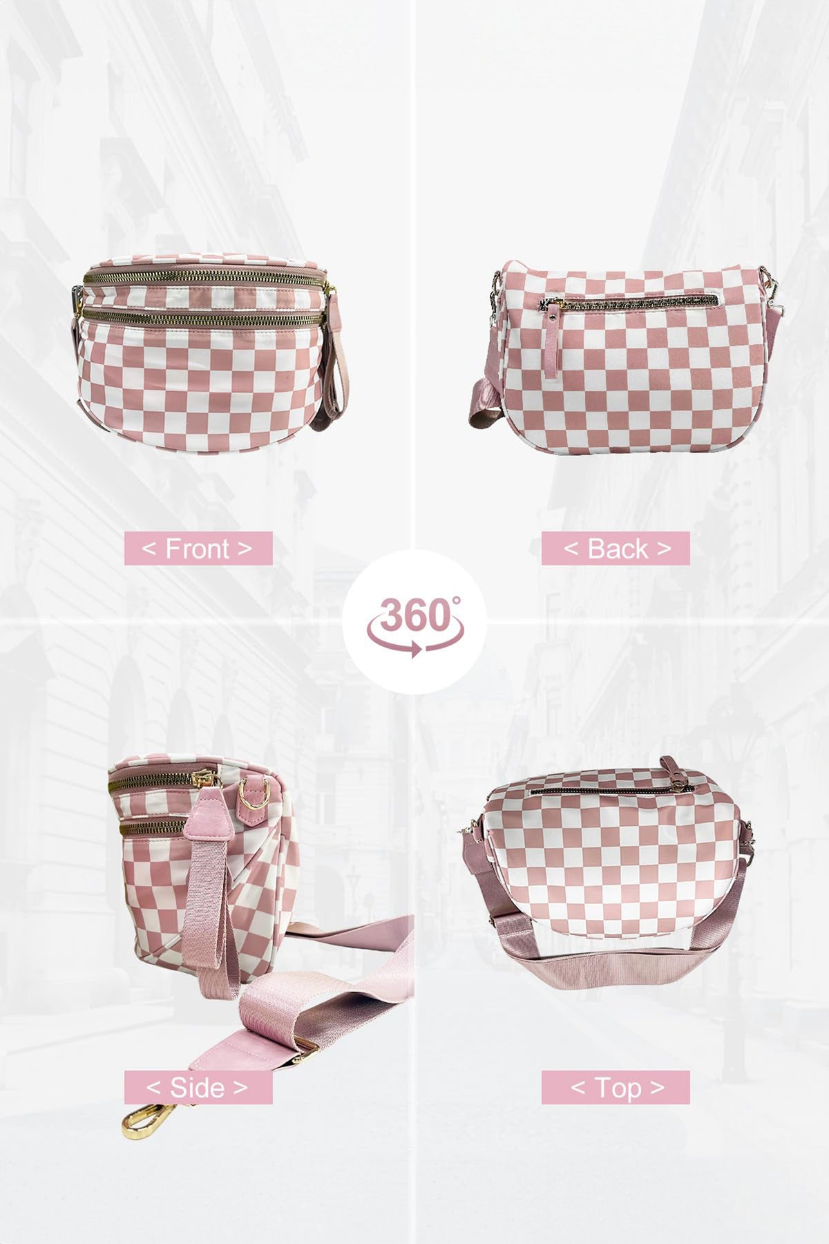 Checkered (Light Pink & White) Wide Strap Large Crossbody Bag