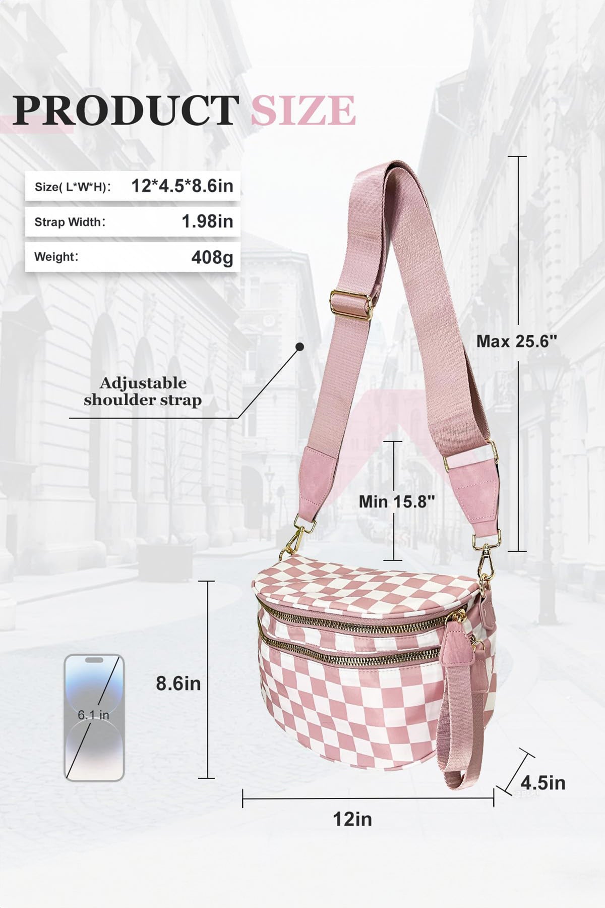 Checkered (Light Pink & White) Wide Strap Large Crossbody Bag