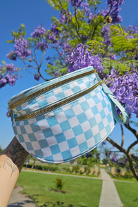 Checkered (Light Blue & White) Wide Strap Large Crossbody Bag