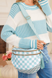 Checkered (Light Blue & White) Wide Strap Large Crossbody Bag