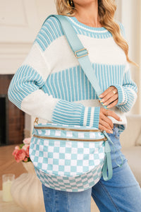 Checkered (Light Blue & White) Wide Strap Large Crossbody Bag