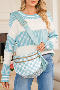 Checkered (Light Blue & White) Wide Strap Large Crossbody Bag
