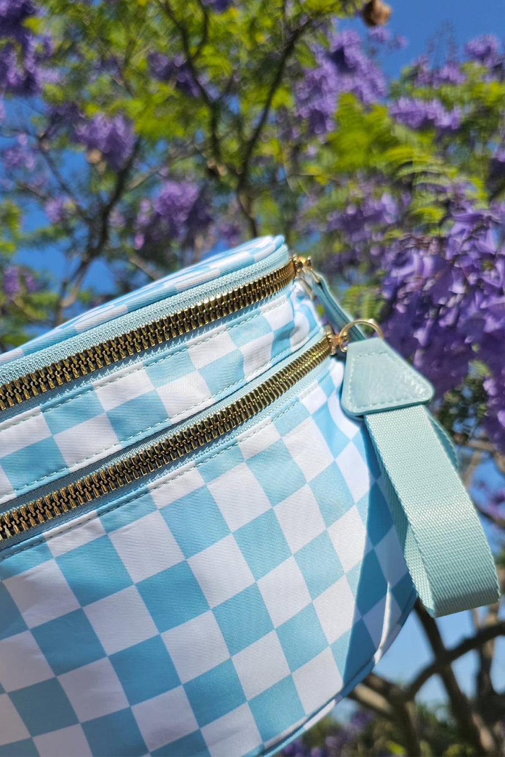 Checkered (Light Blue & White) Wide Strap Large Crossbody Bag