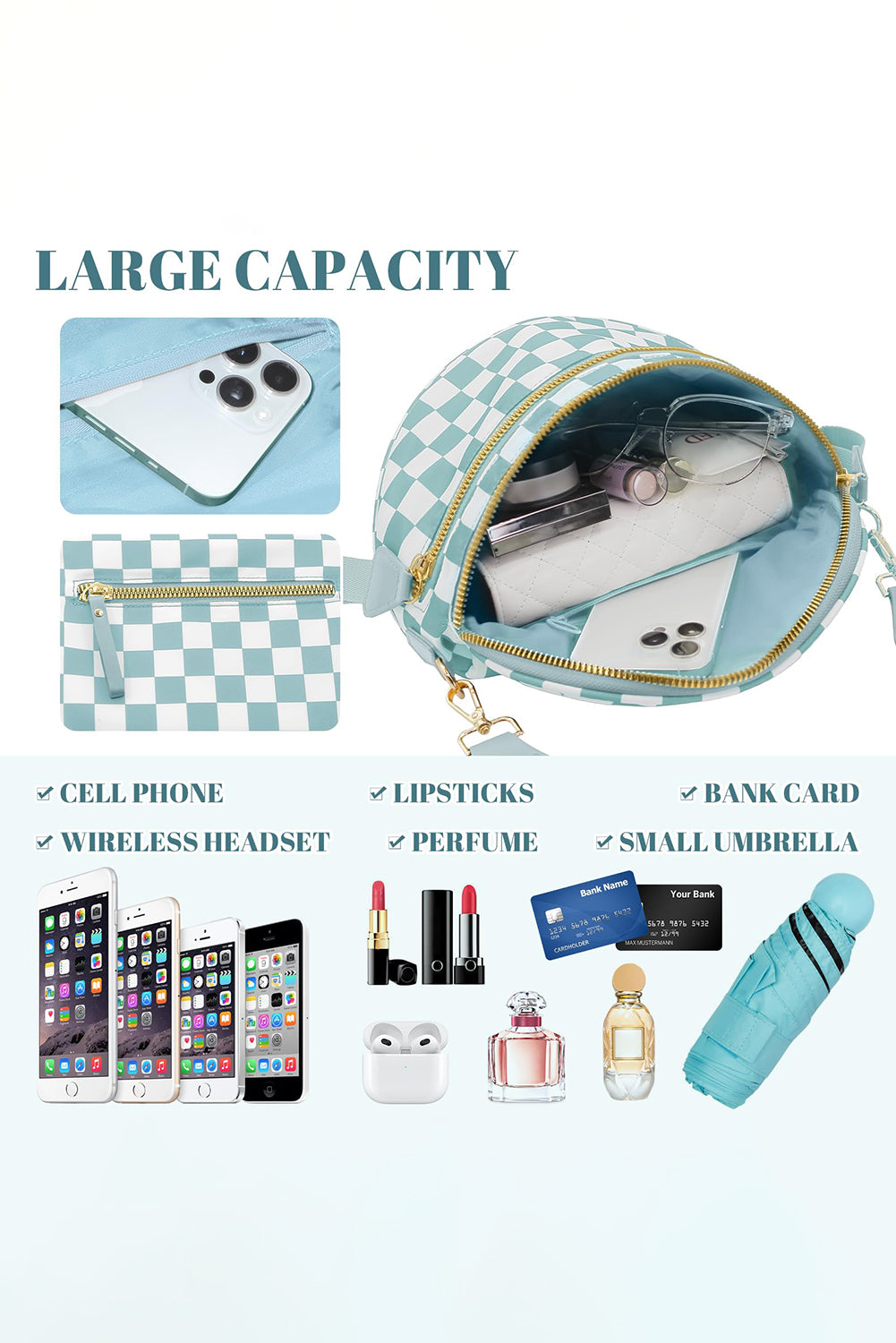 Checkered (Light Blue & White) Wide Strap Large Crossbody Bag