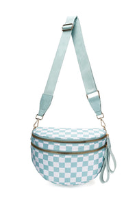 Checkered (Light Blue & White) Wide Strap Large Crossbody Bag